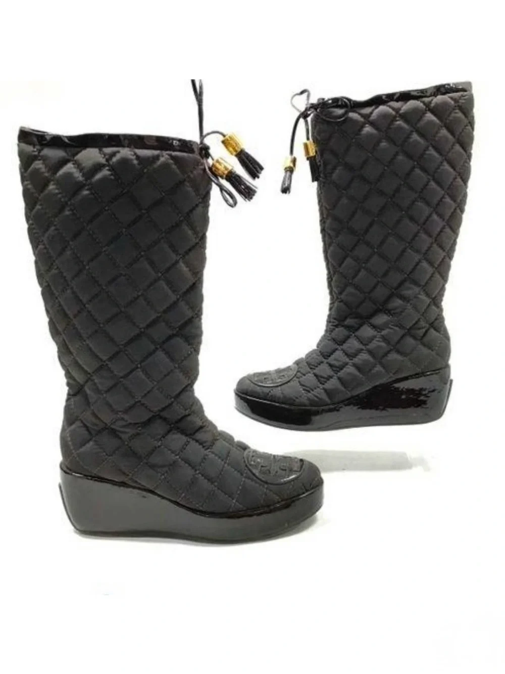Tory Burch Gigi Black Quilted Wedge Boots Size 6.5